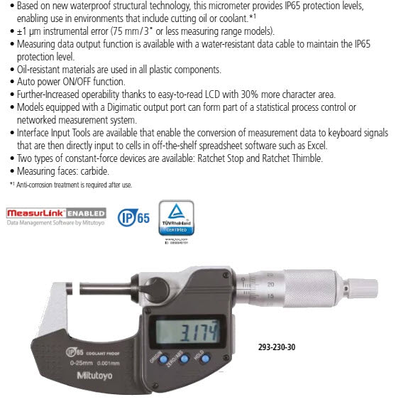 Mitutoyo Digital Micrometer IP65, Inch/Metric 275-300mm/11-12", with Output Item number: 293-357-30 Ratchet stop