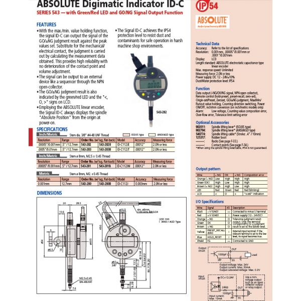 Mitutoyo 543-281B Constant signal input & open collector signal output Accuracy: .003mm Range:12.7mm Resolution:.001mm/.00005'' Signal cable:4m, Stem 8mm. Flat back